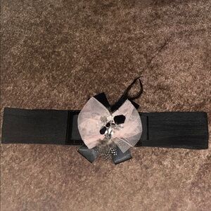 Elegant Black and Pink Women's Belt with Feathers & Simulated Stones